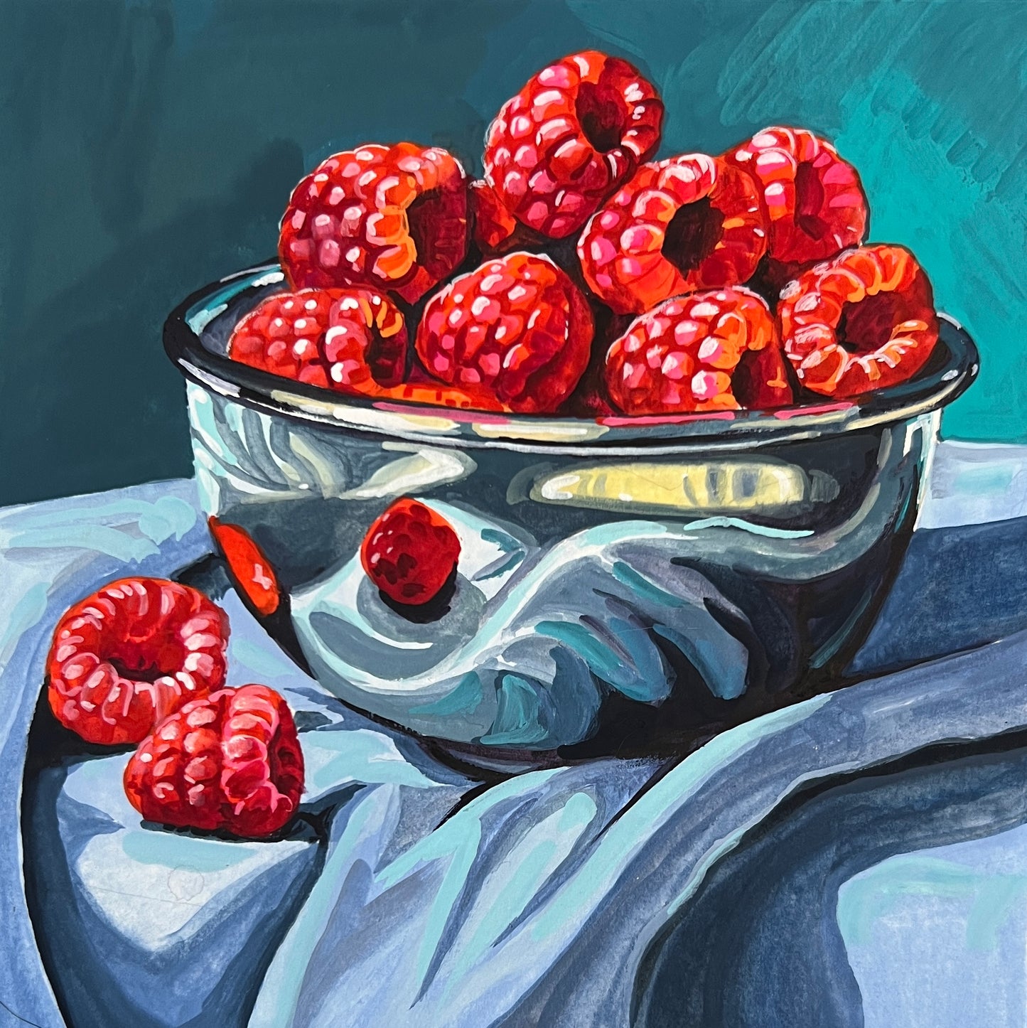 Raspberries in Metal Bowl