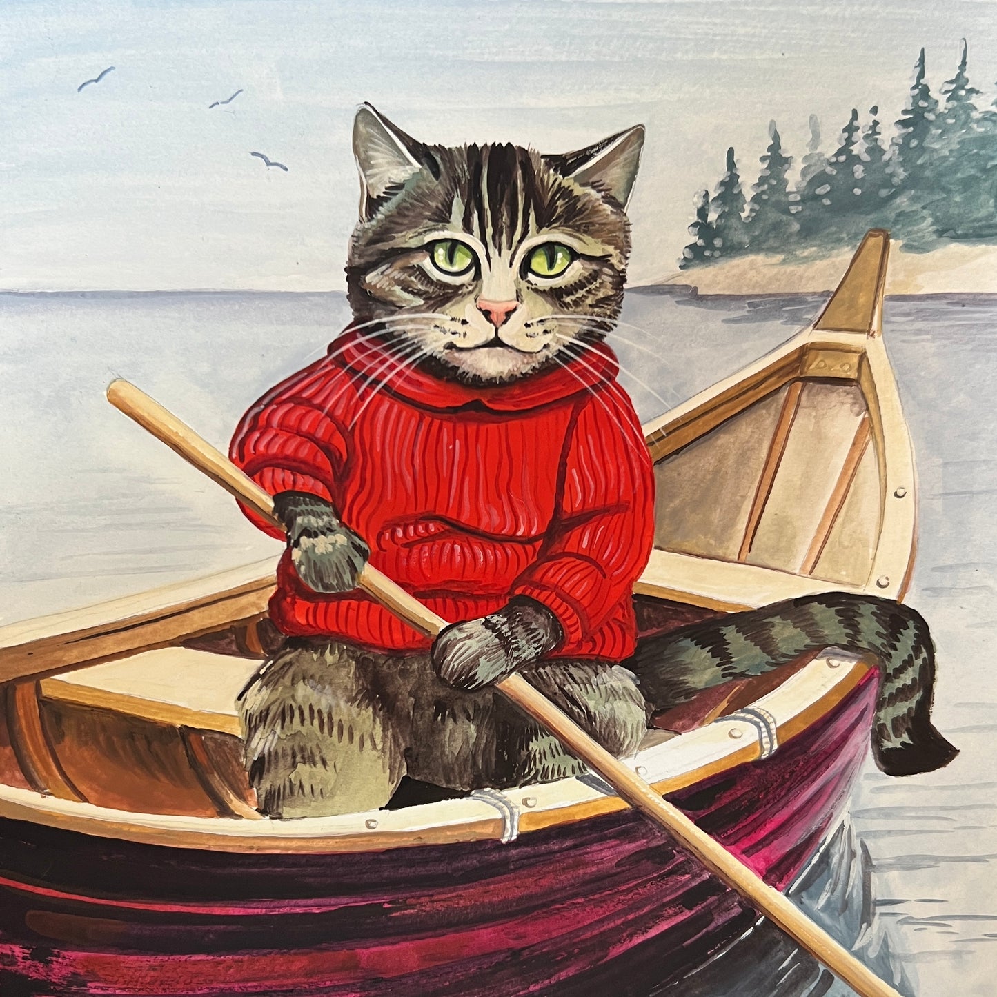 Cat Goes Rowing Original Illustration